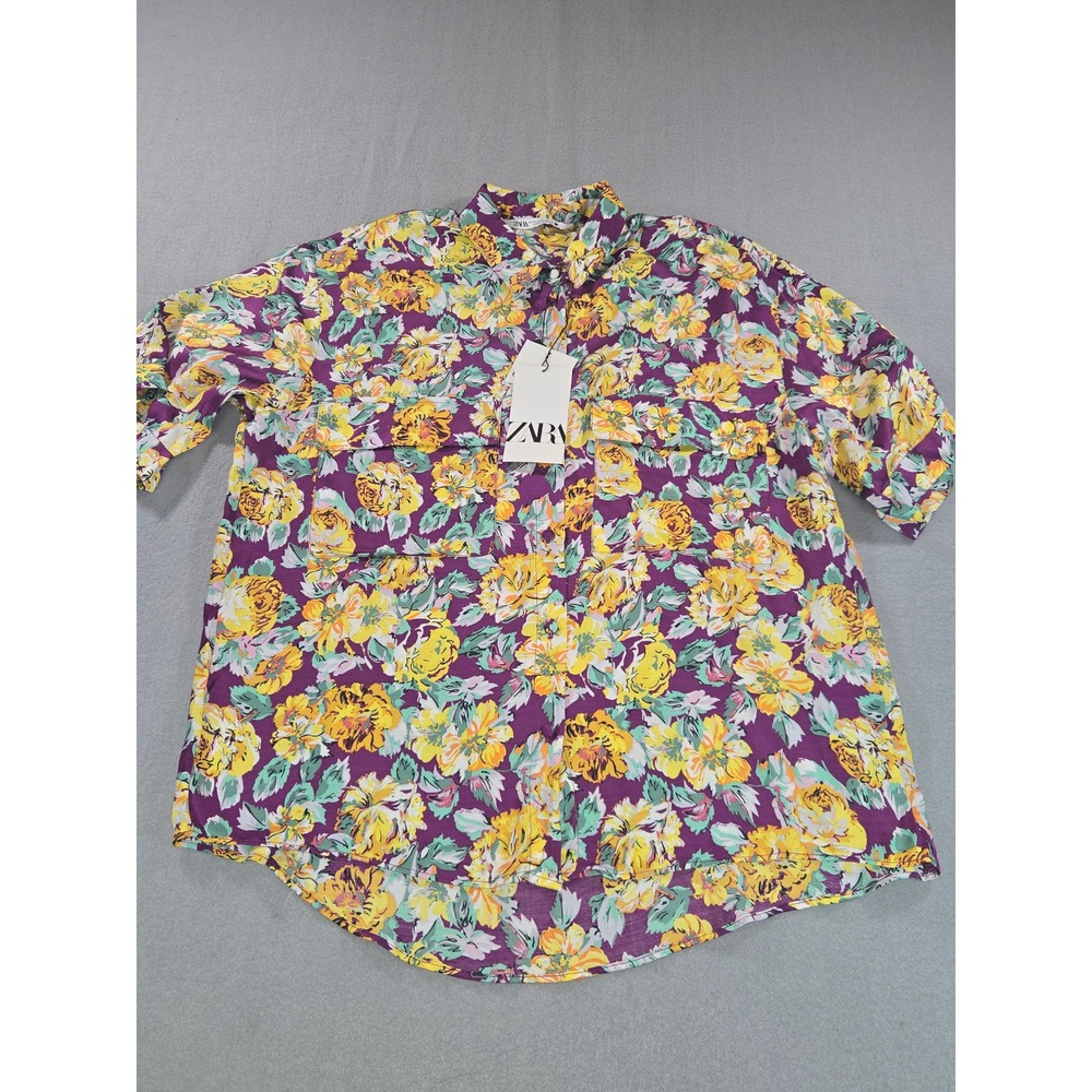 Zara Floral Button Down Shirt Womens Size M Purple Yellow Short Sleeve Viscose